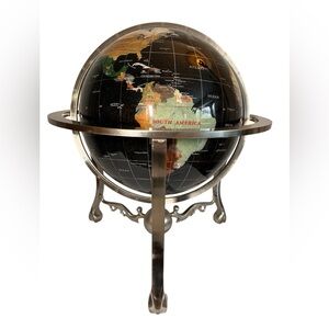 Vintage Black Onyx Table Top Gemstone World Globe w/ Silver Tripod. Rare